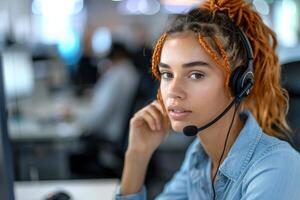 client un service représentant travail dans une occupé appel centre pendant jour heures photo