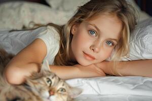 serein après midi des moments avec une Jeune fille et sa tigré chat sur une drap de lit Toile photo