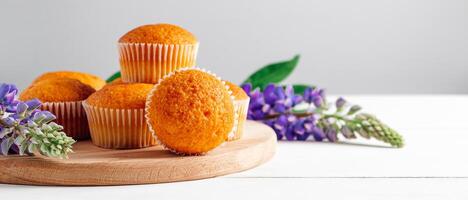 fraîchement cuit muffins et violet lupins sur blanc en bois Contexte. photo