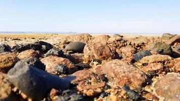 fond de galets de mer. pierres texturées de la côte naturelle du bord de mer, mise au point sélective, faible profondeur de champ. photo