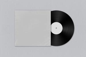 vinyle disque record et couverture maquette modèle avec transparent Plastique emballage texture. modèle réaliste rétro conception pour divertissement publicité, la musique studio l'image de marque. 3d le rendu photo