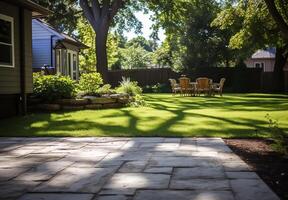 magnifique détail de arrière-cour et jardin avec pierre trottoir à accès le maison photo