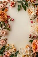 Créatif les arts avec une Cadre de hybride thé des roses et feuilles sur une blanc Contexte photo