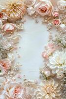 blanc Contexte orné avec rose fleurs, perles, et botanique éléments photo