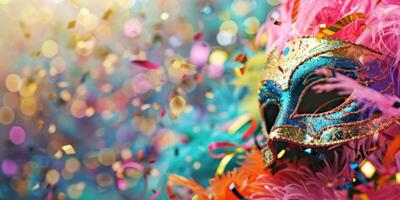 artistique carnaval masque avec plumes et confettis sur coloré Contexte photo