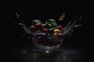 photo mixeur avec des fruits en volant isolé sur noir Contexte panier éclaboussure