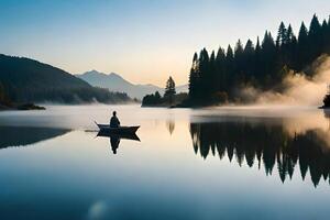 une calme Matin image avec une couvert de brouillard Lac et une seul canot dérive pacifiquement. Créatif Ressource, ai généré photo