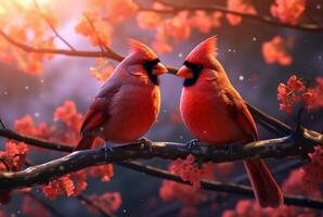 romantique couplage de cardinas des oiseaux sur une branche. génératif ai photo