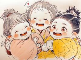 adorable famille dessin par une talentueux 3 ans Japonais bambin ai généré photo