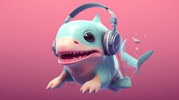 une dessin animé requin avec écouteurs et une rose têteba photo