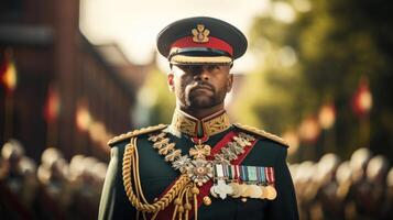 militaire officier dans une croustillant uniforme avec médailles.. génératif ai photo