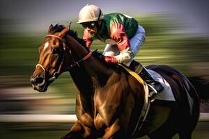 course les chevaux, course les chevaux avec jockeys avec mouvement se brouiller. jockey pour le gagner dans le hippodrome. génératif ai photo