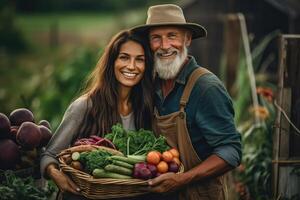 biologique couple agriculteur en portant fraîchement choisi des légumes sur sa ferme, générative ai. photo