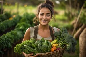 biologique Jeune agriculteur femme en portant fraîchement choisi des légumes sur sa ferme, générative ai. photo
