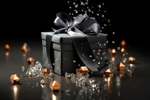 élégant noir cadeau boîte accentué avec une rempli de confettis, fête arrangement ai généré photo