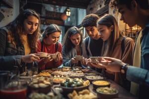 une groupe de Jeune gens explorant une nourriture marché, échantillonnage exotique cuisine et claquer Photos de coloré plats.concept de culinaire exploration et culturel immersion. génératif ai