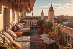 marocain le riad toit terrasse, avec confortable sièges domaines, panoramique vues de le ville, et vibrant marocain textile, parfait pour Voyage. génératif ai photo