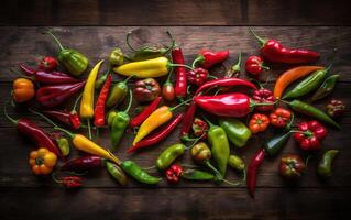 une coloré mélanger de le Chili poivrons, comprenant rouge jalapenos, serranos, et Habaneros, fraîchement choisi sur le foncé rustique en bois tableau. génératif ai. photo