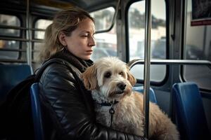 covoiturage. propriétaire et leur animal de compagnie prise Publique transport. génial moment, content et drôle.génératif ai. génératif ai. photo