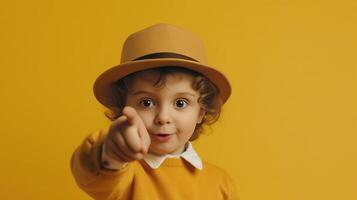 intérieur coup de impressionné Enchanté non rasé homme points une façon à plus haut droite coin pose par déchiré papier trou porte Jaune chapeau et t chemise annonce impressionnant produit annonceurs, génératif ai photo