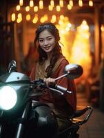 positif asiatique fille avec soumissionner sourire a foncé cheveux points de côté sur Vide espace habillé dans imperméable détient gaz lampe jouit aventureux voyage porte rétro caméra avec sa sourit plaidoyer, génératif ai photo