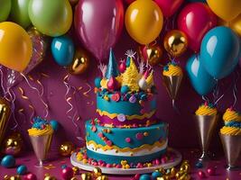 anniversaire fête avec coloré des ballons, une gâteau, et une étincelant recouvert de confettis Contexte ai produire photo