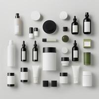 ai généré cosmétique et cheveux se soucier des produits pose en dehors sur couleur unie Contexte. généré par artificiel intelligence. photo