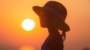 ai généré fille dans chapeau à la recherche à coucher de soleil, à transmettre une sens de paisible soir tranquillité et jeune aventure photo