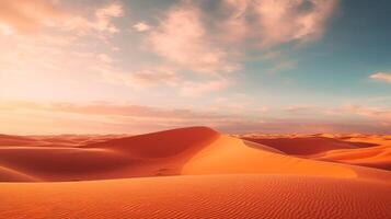 ai généré magnifique arabe désert avec chaud couleurs.doré le sable dune désert paysage panorama. magnifique plus de le le sable dunes dans le arabe, touché par le d'or des rayons de le réglage Soleil. photo