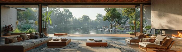 ai généré serein Lac maison avec panoramique vues et ouvert vivant espaces3d rendre photo