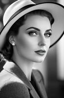 ai généré noir et blanc photo de magnifique femme dans chapeau, rétro Dans le style des années 40. intemporel élégance et ancien charme. idéal pour nostalgique thèmes, mode rétrospectives, ou inspiré de l'époque projets