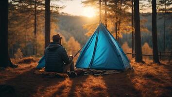 voyageur relaxant à l'intérieur une bleu tente et prendre plaisir avec Matin temps. ai génératif photo