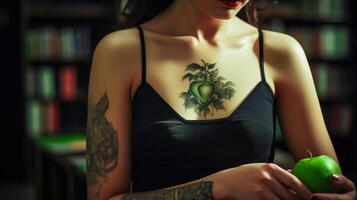 une portrait de une femme avec tatouages et une vert Pomme dans une vaguement allumé librairie ai généré photo