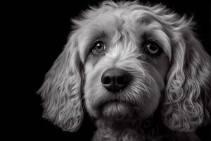 noir et blanc photo de une chien. .