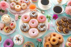 nationale Donut journée. une afficher de sucré doigt nourriture assiettes de beignets et tasses de café sur une table photo