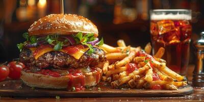 fermer coup de une Hamburger sur une en bois Coupe planche photo