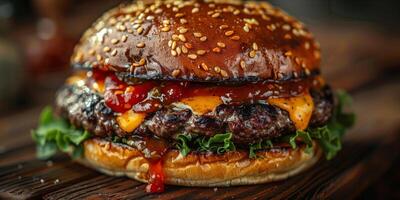 fermer coup de une Hamburger sur une en bois Coupe planche photo