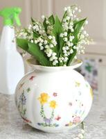 bouquet de fleurs de lys de vallée dans vase et l'eau pulvérisateur photo