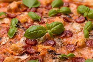 délicieux Pizza avec saucisse, fromage, tomates, sel, épices et herbes photo