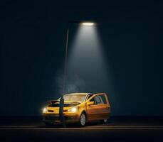 une voiture crash accident dans rue lumière à nuit.concept pour assurance.3d le rendu photo