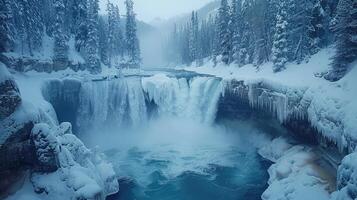 une cascade est entouré par neige couvert des arbres photo
