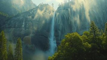 une cascade est vu dans le milieu de une forêt photo