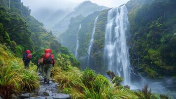 deux gens avec sacs à dos en marchant en haut une Piste près une cascade photo