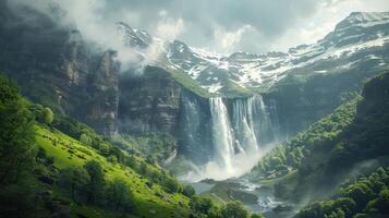 une cascade est vu dans le montagnes avec vert herbe photo