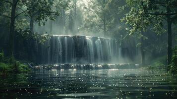 une cascade dans le forêt avec des arbres et l'eau photo