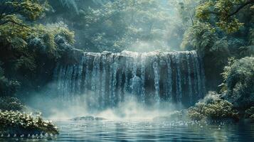 une cascade dans le forêt avec des arbres et l'eau photo
