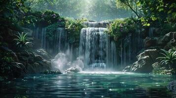 une cascade dans le jungle avec les plantes et l'eau photo