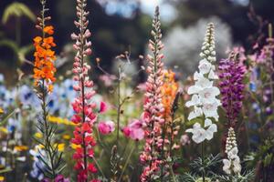 vibrant fleurs épanouissement dans jardin, trempage en haut le été ensoleillement photo