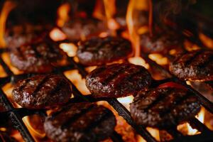 barbecue gril grésillant avec juteux des hamburgers et les hot-dogs, agrafe de été rassemblements photo