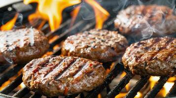 barbecue gril grésillant avec juteux des hamburgers et les hot-dogs, agrafe de été rassemblements photo